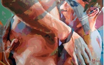 Doubletrouble  a painting by San Francisco artist Donald Rizzo. Donald Rizzo paints optical illusions in a style call Ambiguous Delusions.